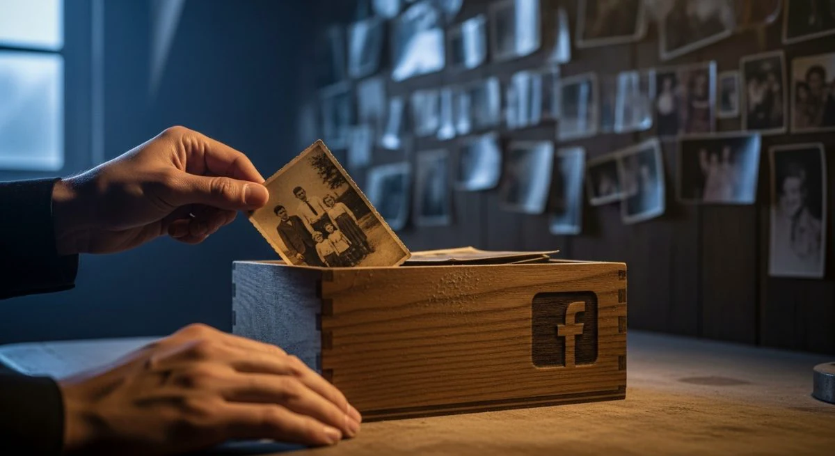 Manos colocando foto antigua en caja de madera con logo Facebook