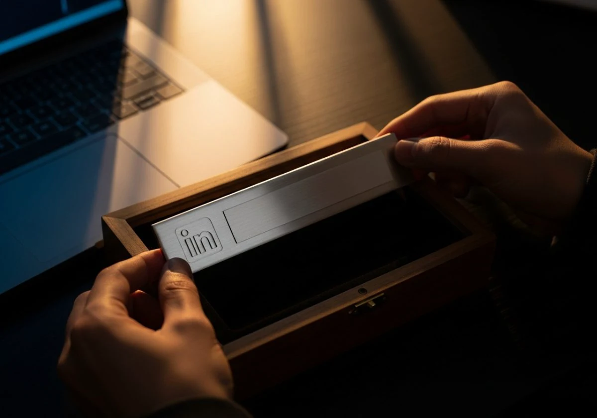 Manos colocando placa LinkedIn en caja de recuerdos de madera