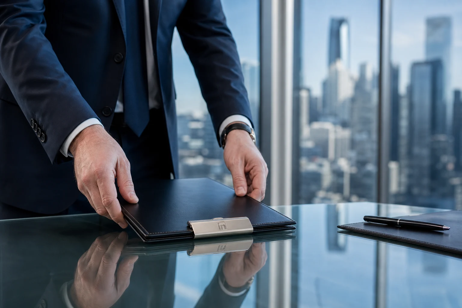 Manos colocando portapapeles en mesa de cristal con logo LinkedIn
