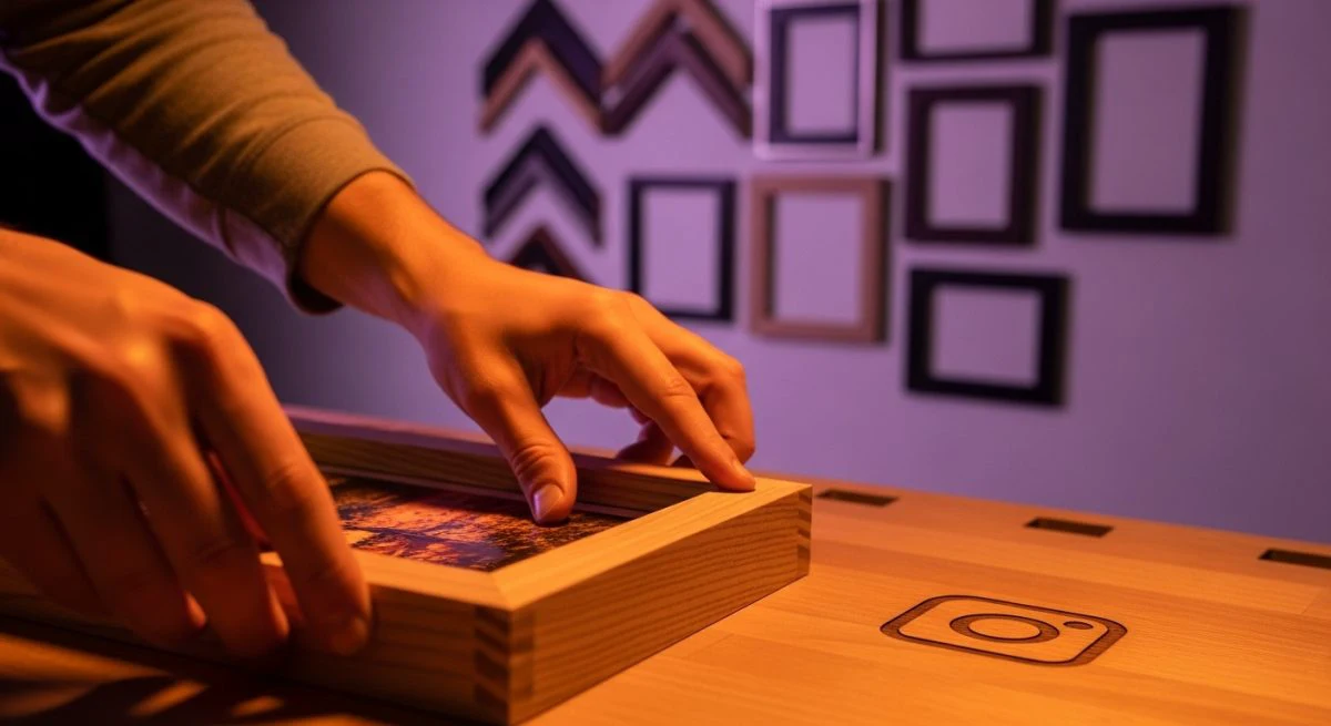 Manos colocando una fotografía en un marco de madera artesanal