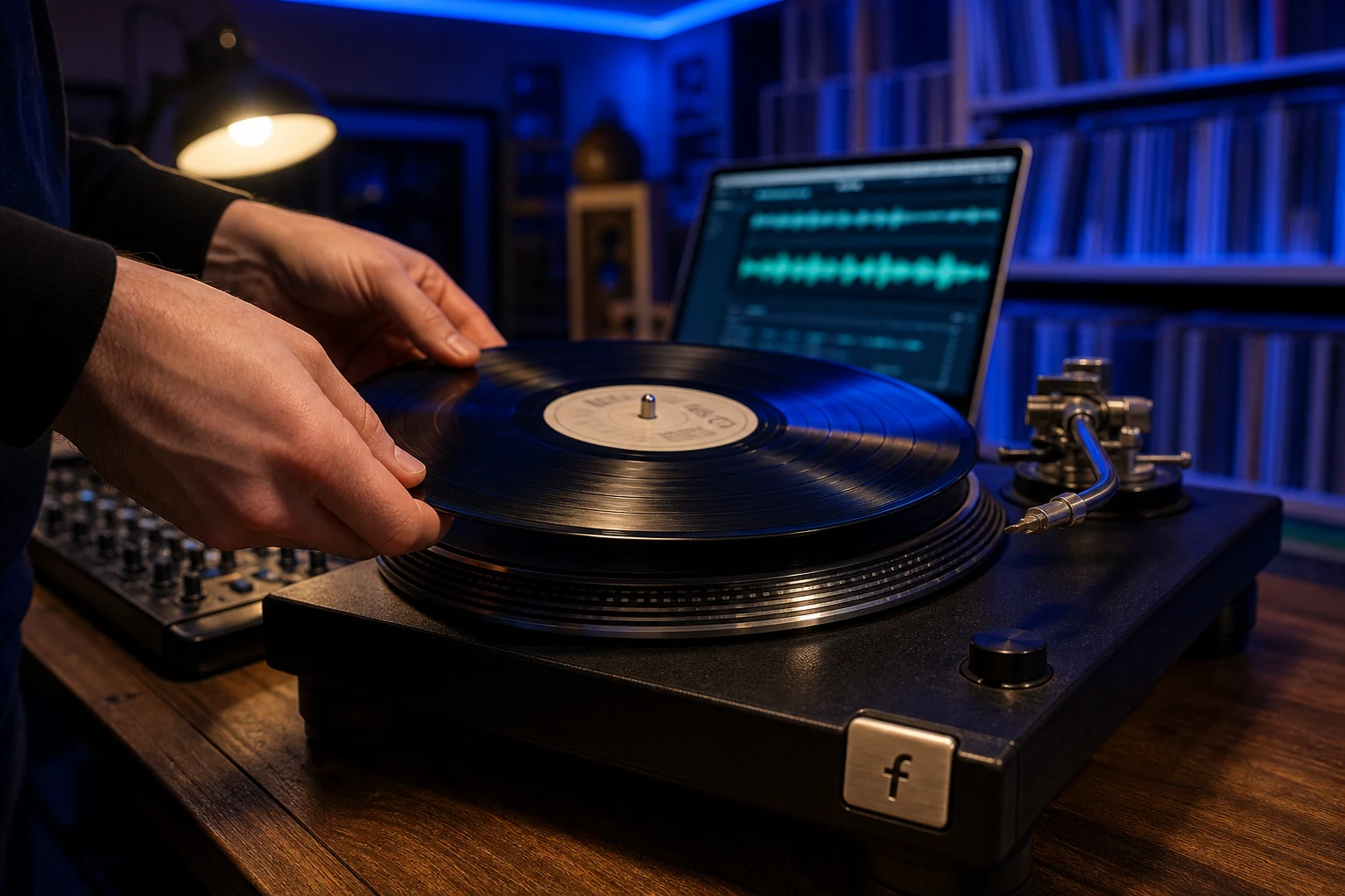 Manos colocando vinilo vintage en plato giratorio con logo Facebook