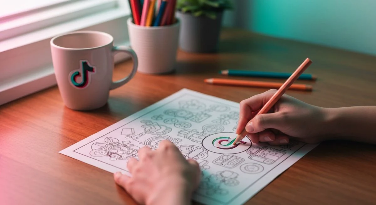 Manos coloreando pagina de TikTok sobre escritorio de madera calida