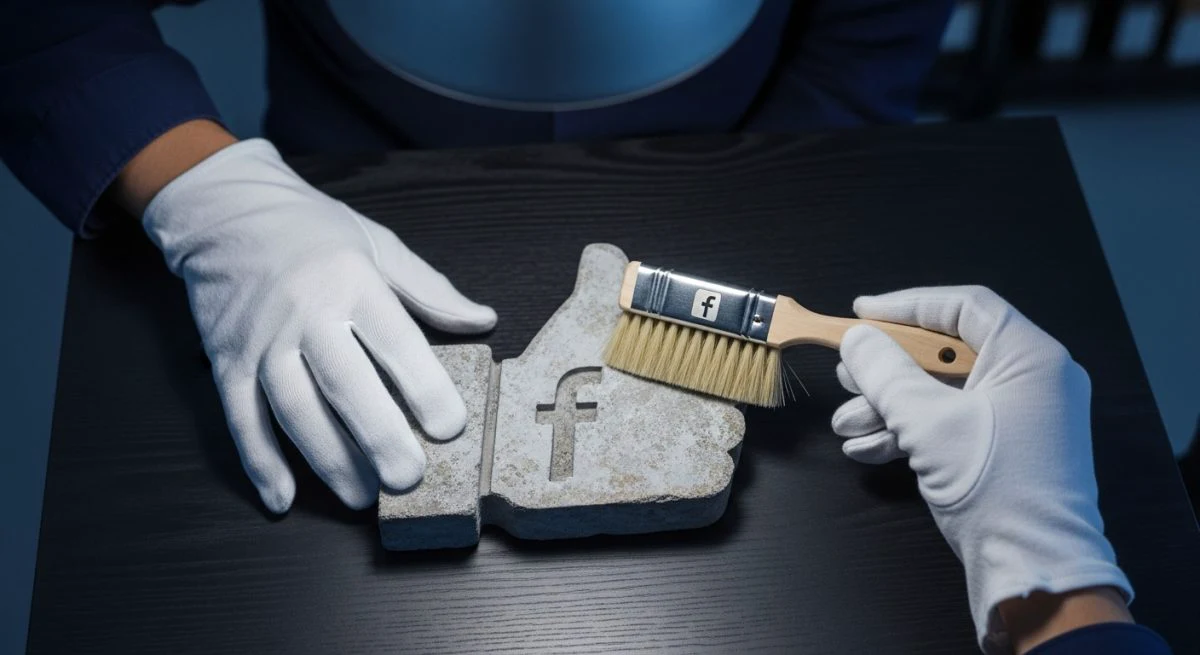 Manos con guantes blancos limpiando un ícono de Facebook Like