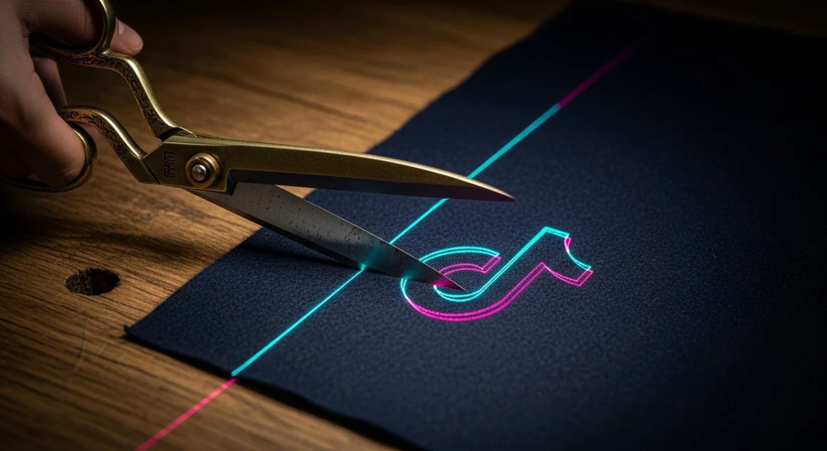 Manos cortando tela con tijeras antiguas siguiendo línea TikTok logo