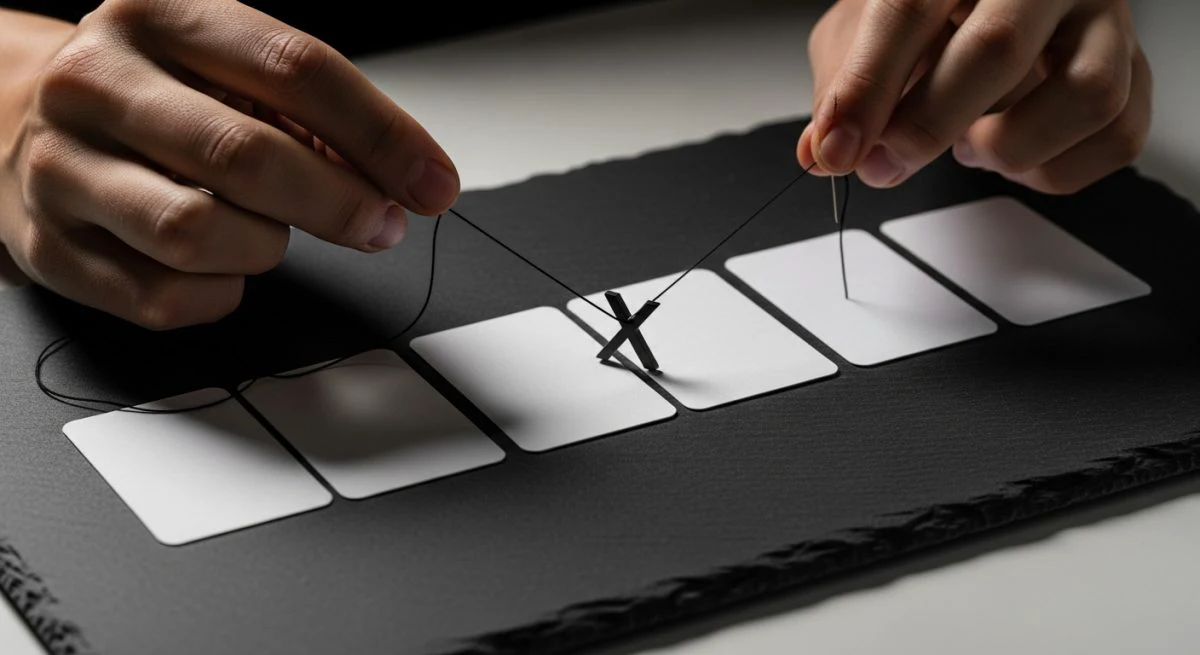 Manos cosiendo hilo negro a través de tarjetas blancas con pin X