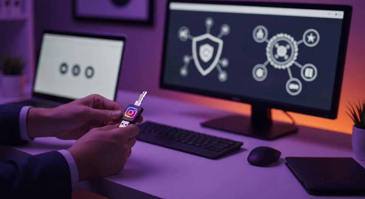 Manos de ciberseguridad sostienen llave USB con logo Instagram visible