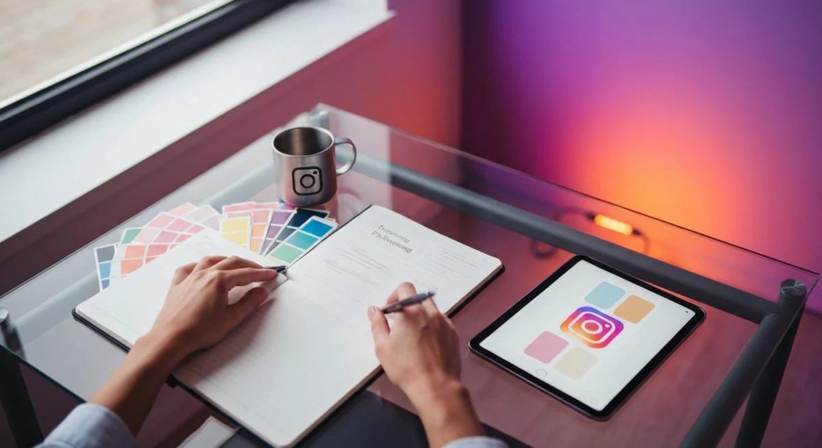 Manos de creador organizando moodboard junto a taza Instagram grabada