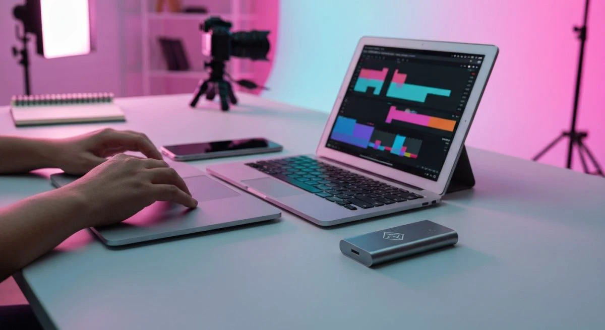 Manos de creador sobre portátil con tablet y móvil TikTok