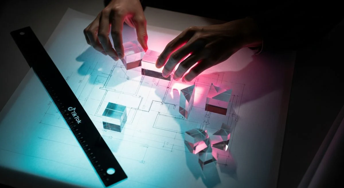 Manos de director creativo organizando bloques acrílicos sobre plano