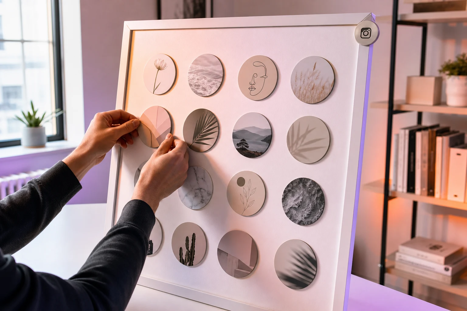 Manos de diseñador organizando muestras circulares de portadas de Instagram