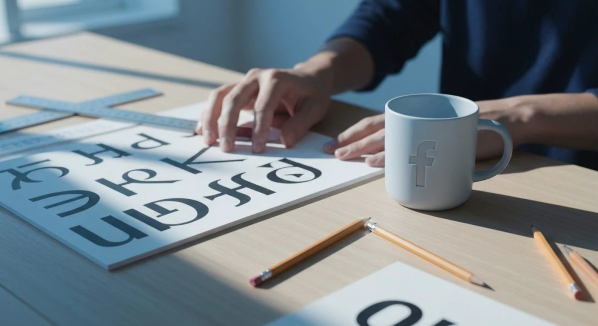 Manos de diseñador organizando muestras tipográficas y taza con Facebook