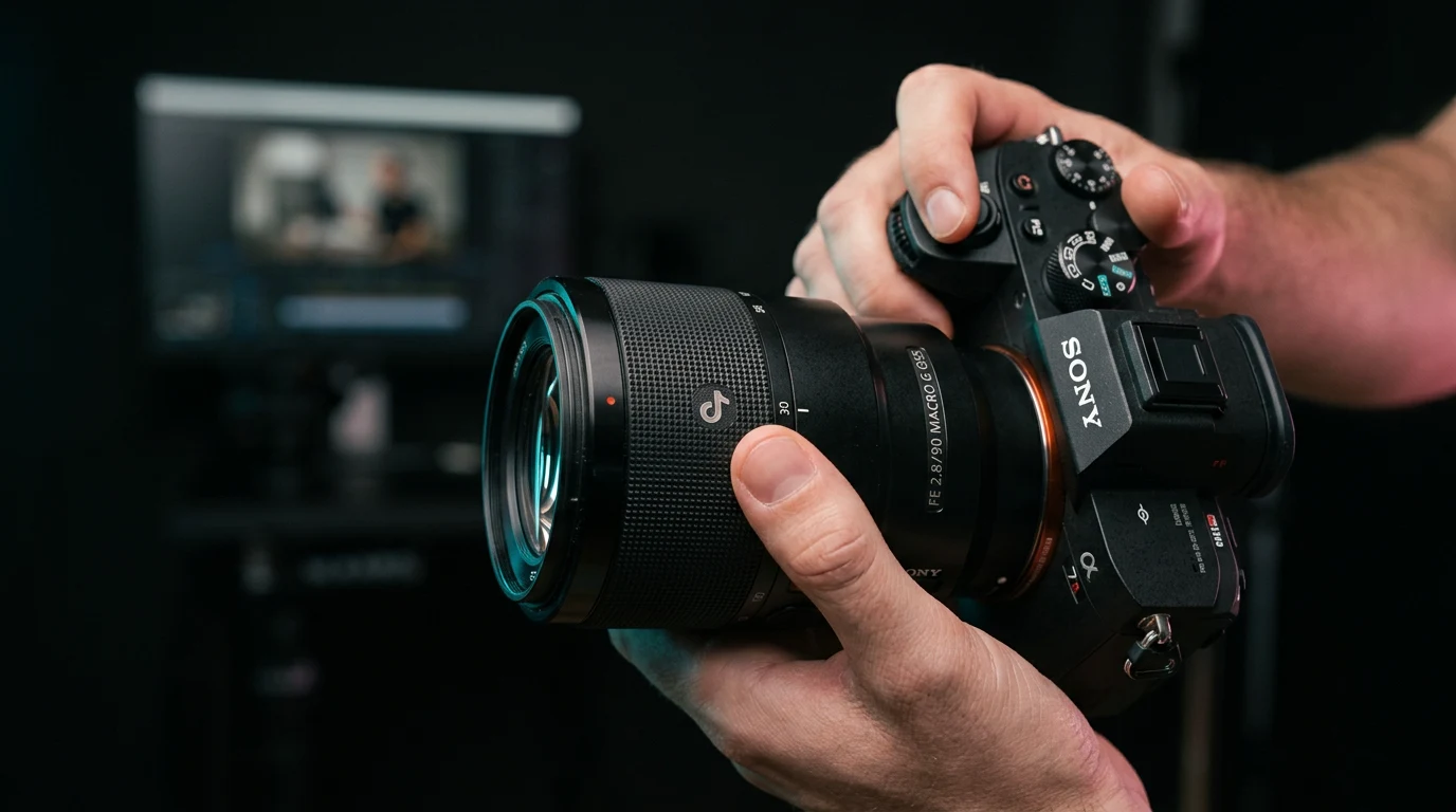 Manos de fotógrafo ajustando lente macro 90mm con logo TikTok
