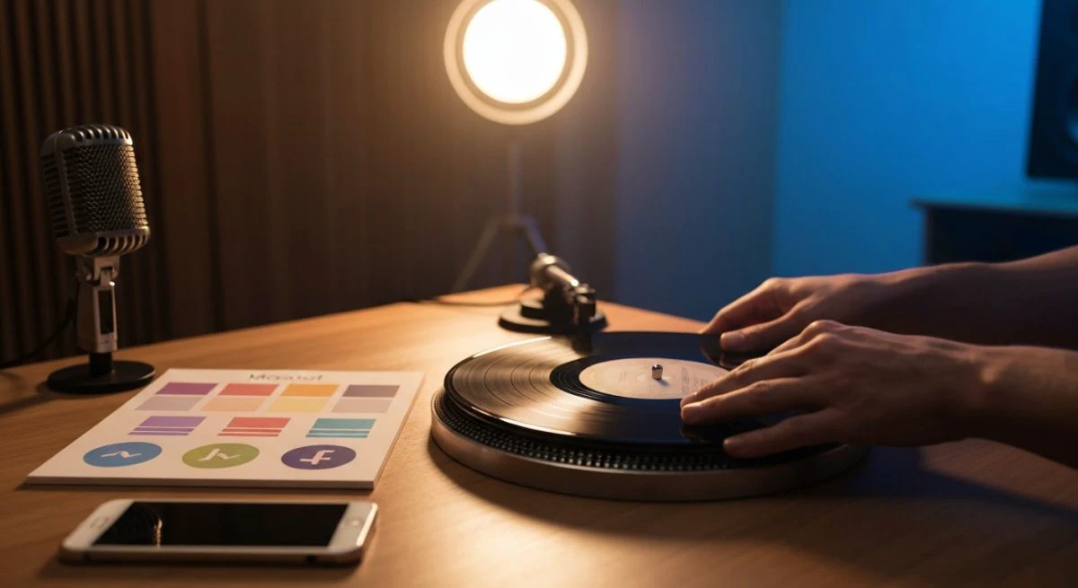 Manos de productor colocando vinilo con logo Facebook en etiqueta