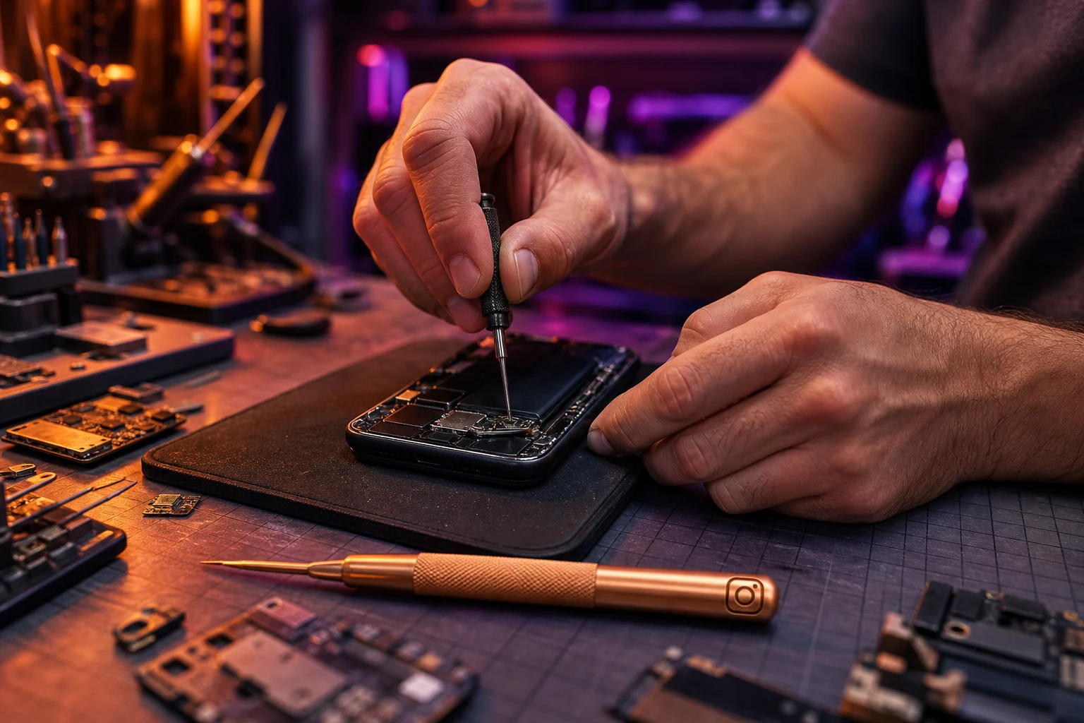 Manos de técnico reparando smartphone en banco con logo Instagram