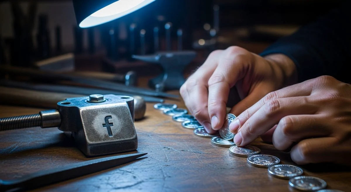 Manos de un artesano organizando monedas plateadas en un banco