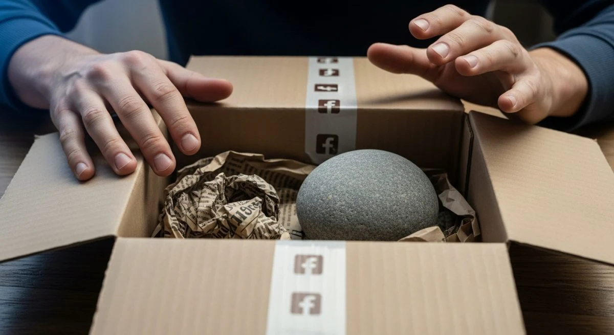 Manos decepcionadas sobre caja de envío con logo de Facebook