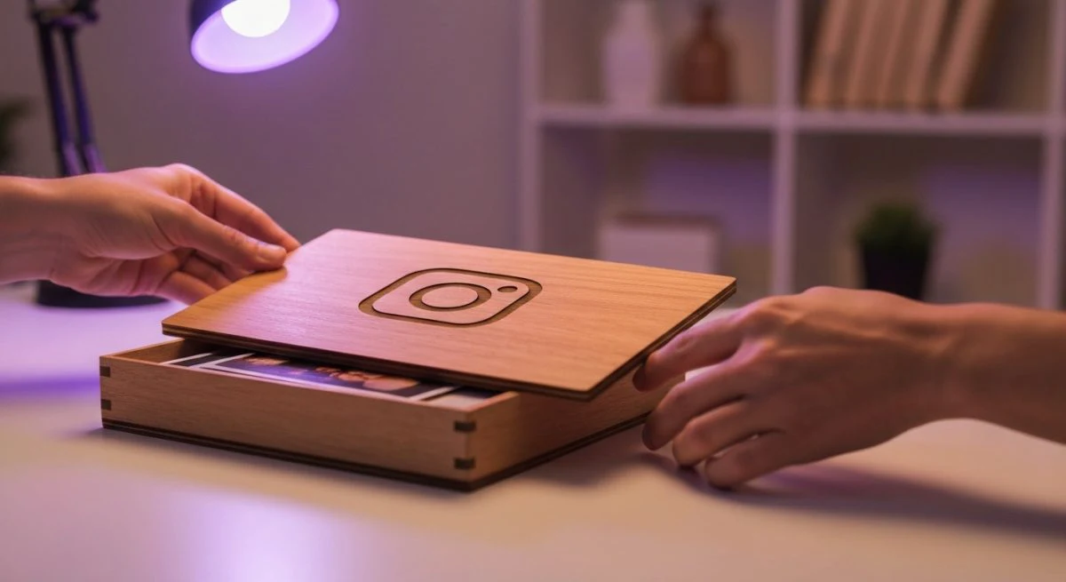 Manos deslizando foto impresa en caja archivadora de madera con Instagram