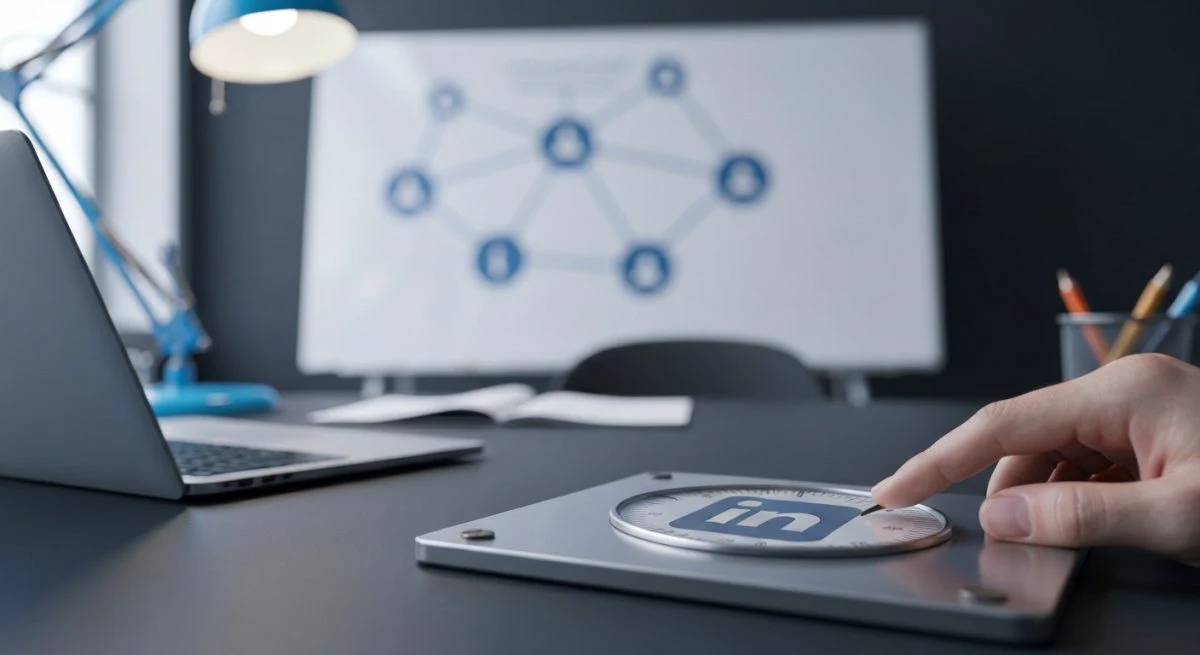 Manos girando dial vintage grande con logo LinkedIn en escritorio
