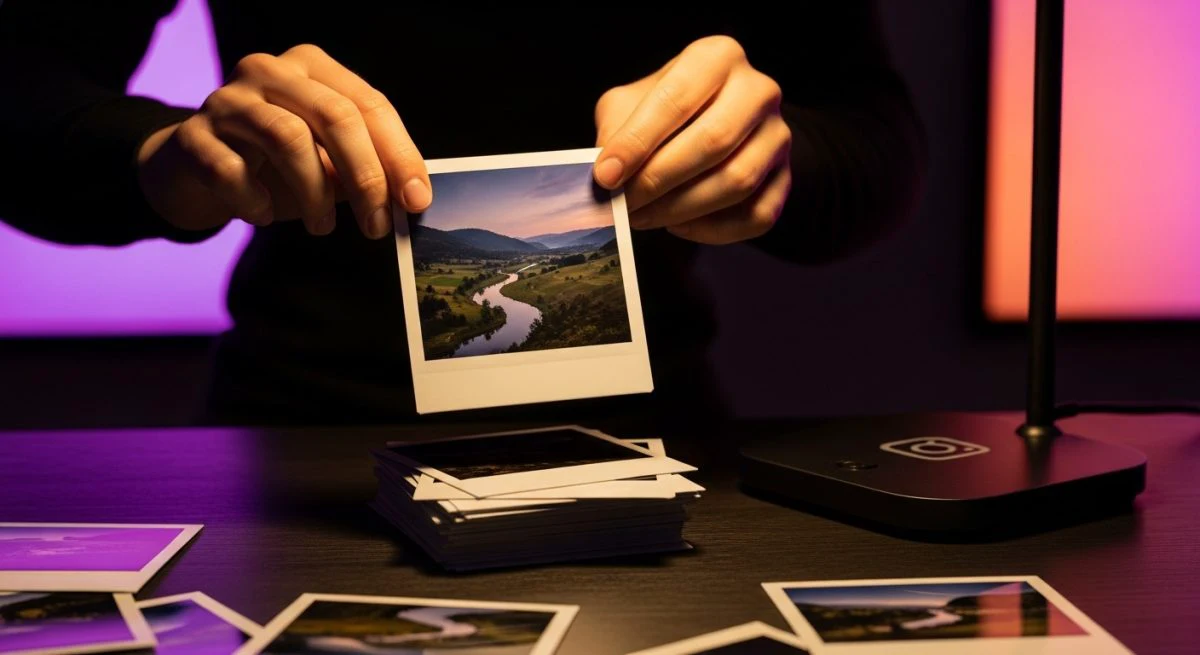 Manos hojeando fotografías Polaroid sobre escritorio con lámpara Instagram