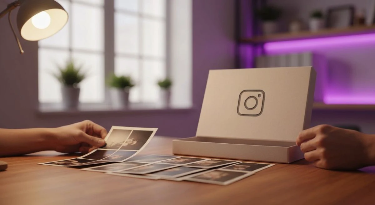 Manos levantan foto desvanecida de archivo en caja logo Instagram