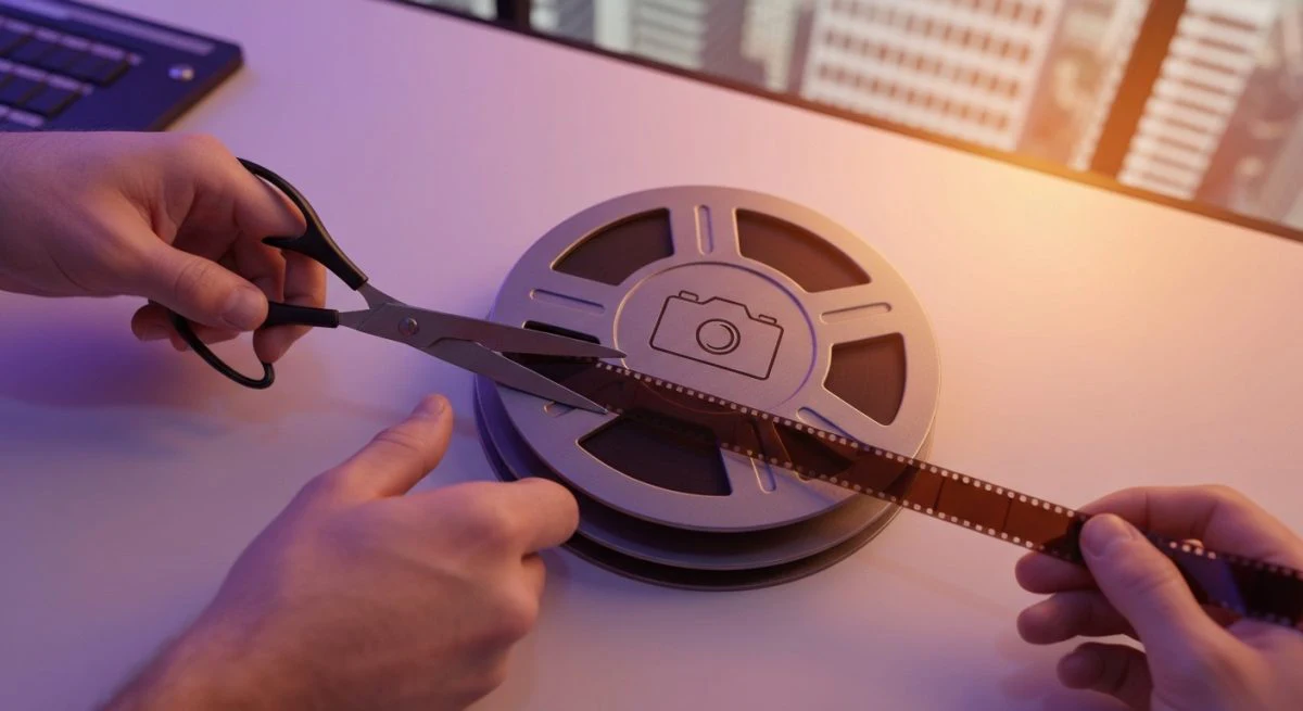 Manos manipulan splicer vintage de película 35mm sobre mesa edición