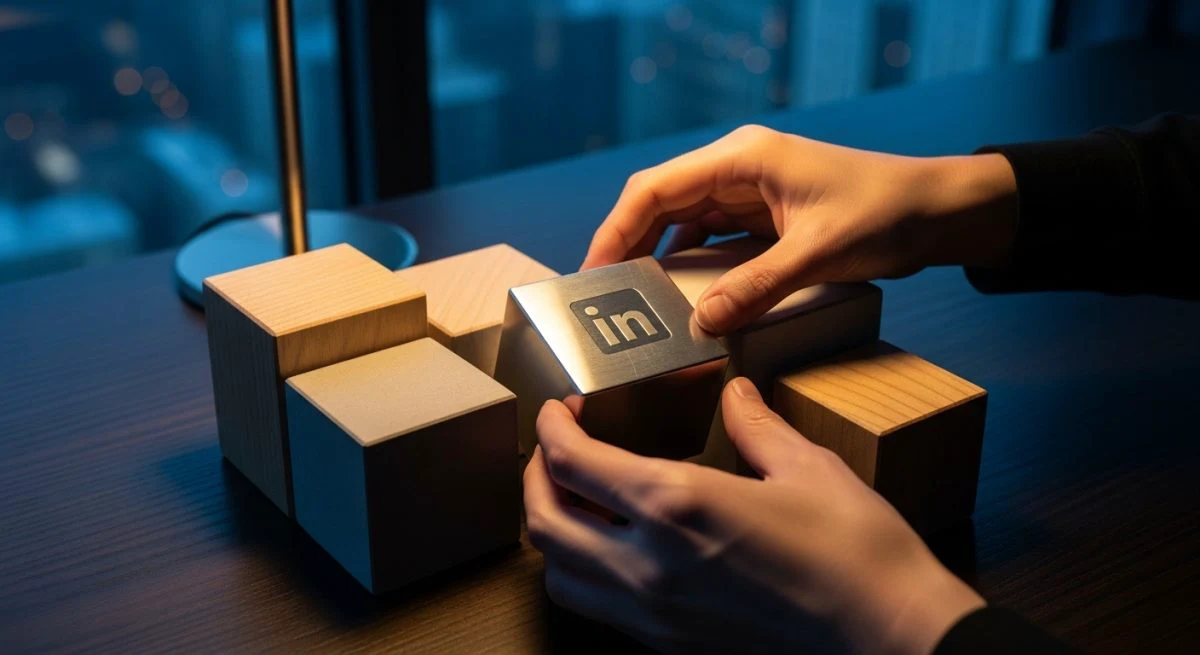 Manos organizando bloques con cubo de metal y logo de LinkedIn