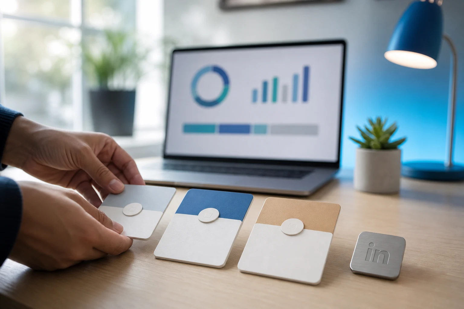 Manos organizando tarjetas táctiles de LinkedIn Premium con logo LinkedIn
