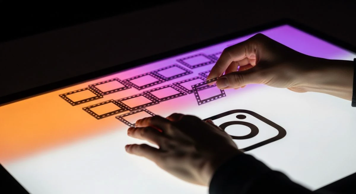 Manos organizando transparencias brillantes sobre mesa iluminada minimalista