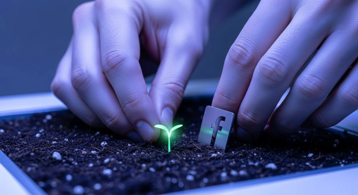 Manos plantando brote bioluminiscente junto etiqueta metálica logo Facebook