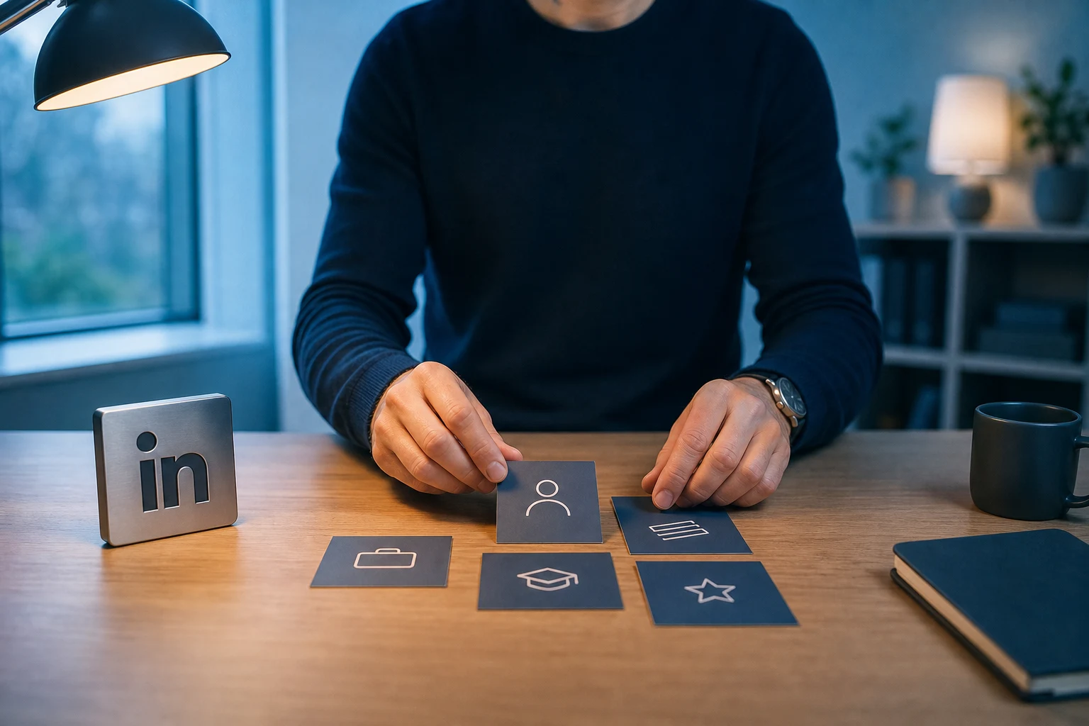 Manos profesionales ordenan tarjetas abstractas con iconos de LinkedIn claros