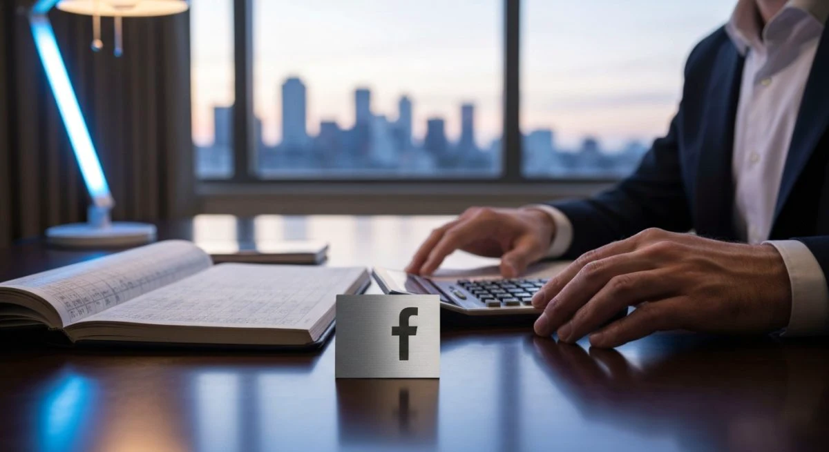 Manos profesionales sobre libro mayor y calculadora junto placa Facebook
