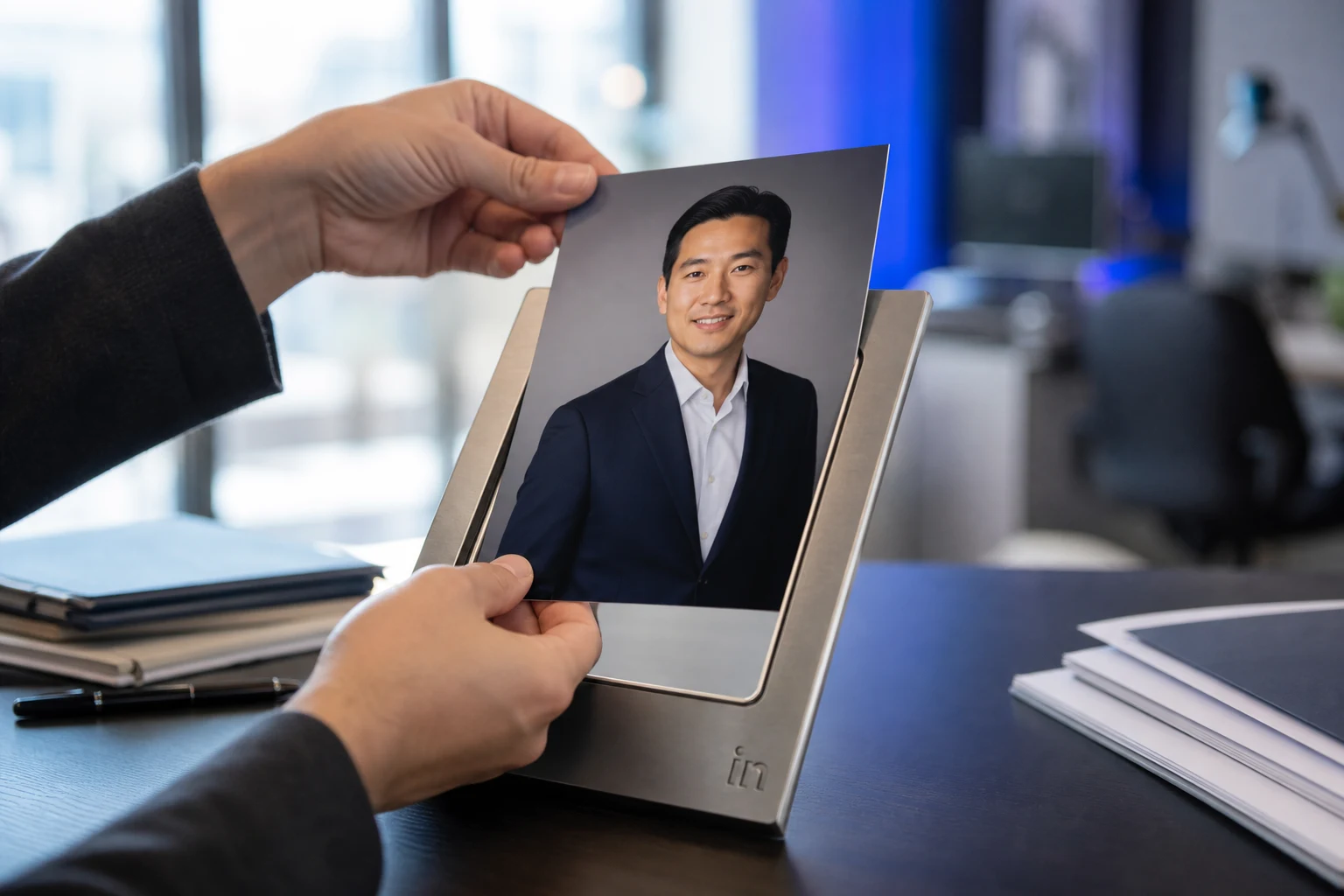 Manos retirando retrato profesional de marco metálico con logo LinkedIn grabado