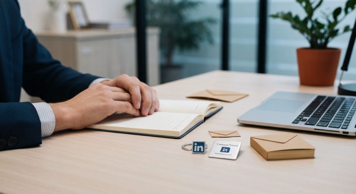 Manos sobre escritorio claro con cuaderno abierto y llavero LinkedIn