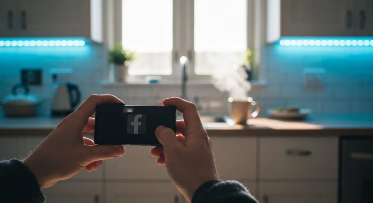 Manos sosteniendo cámara compacta con logo de Facebook en cocina