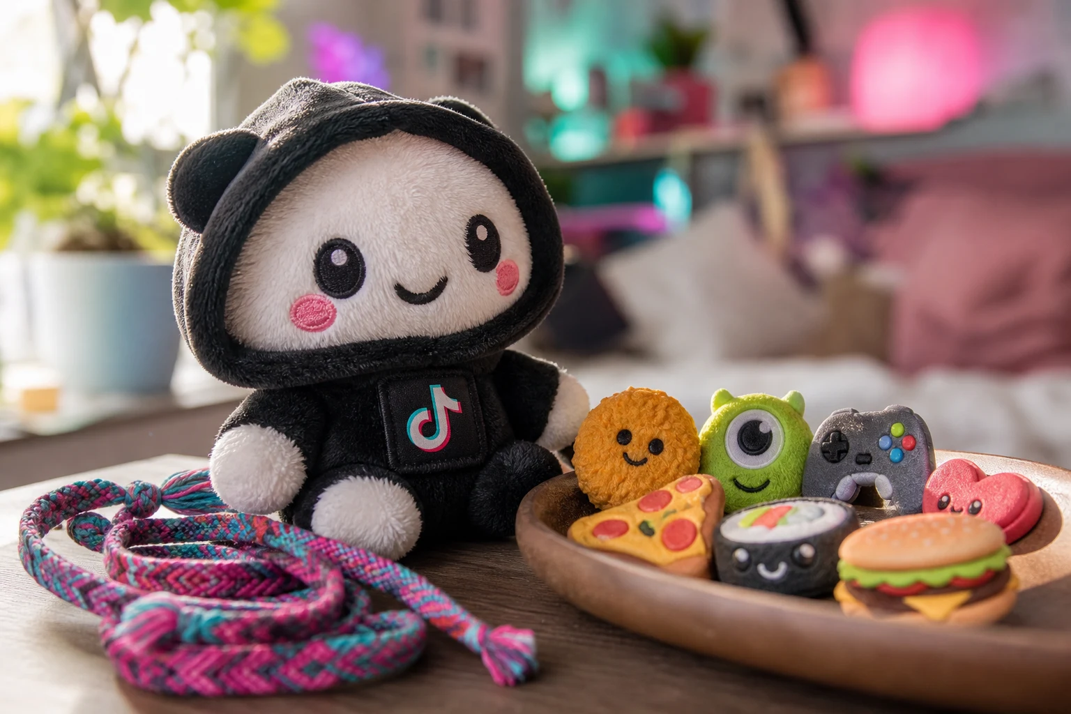 Mascota de peluche junto a pulseras y fichas coloridas con logo TikTok