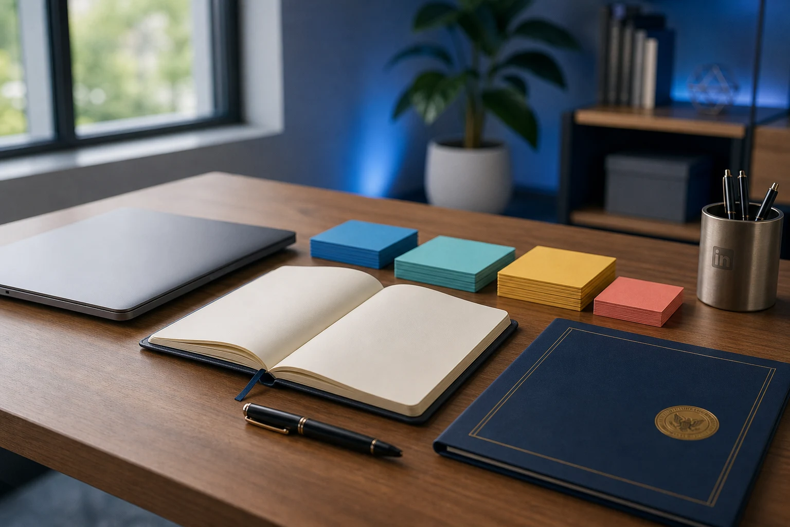 Materiales de aprendizaje profesional con portaplumas metálico y logo LinkedIn grabado