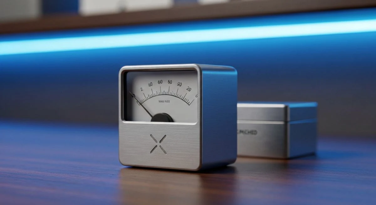 Medidor de datos con dial de cristal y logotipo X