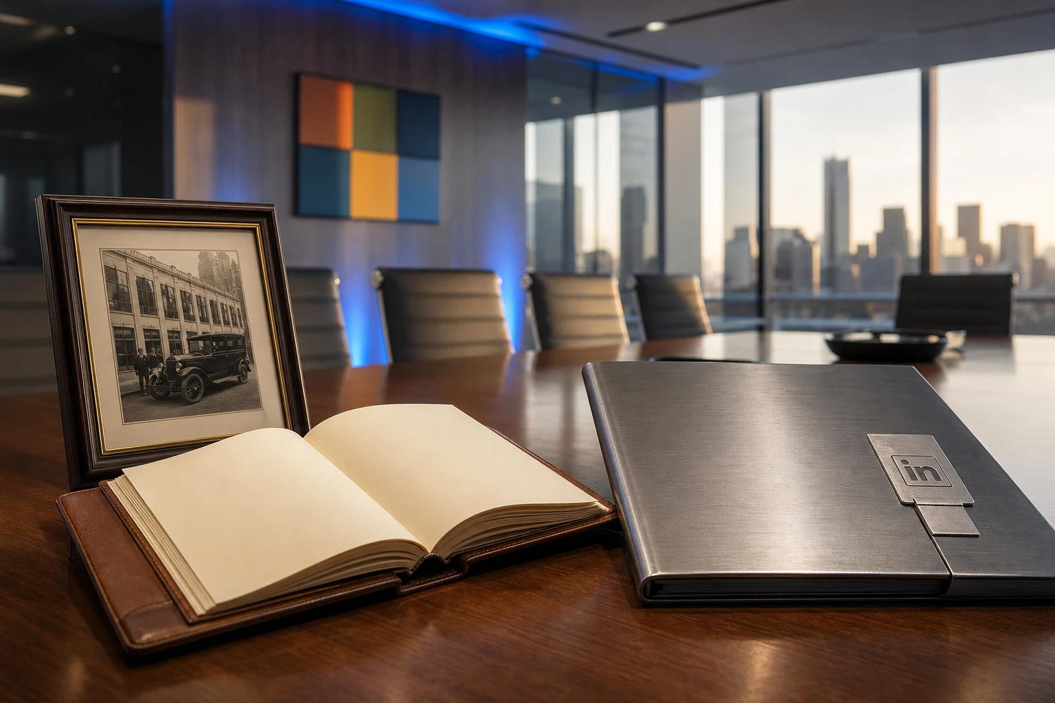 Mesa corporativa con fotografía histórica libro de empresa y carpeta LinkedIn en sala Microsoft