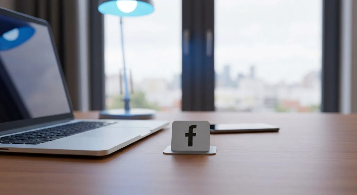 Mesa de escritorio con portátil teléfono móvil y posavasos logo Facebook