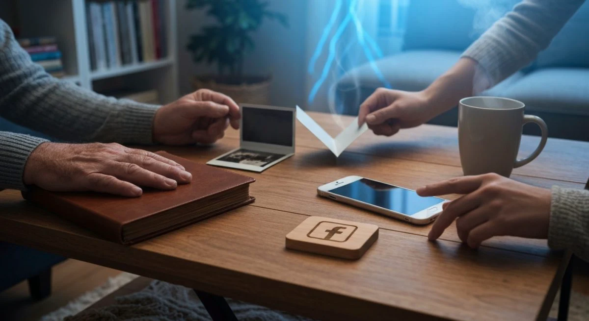 Mesa de madera con cuatro generaciones y logo de Facebook