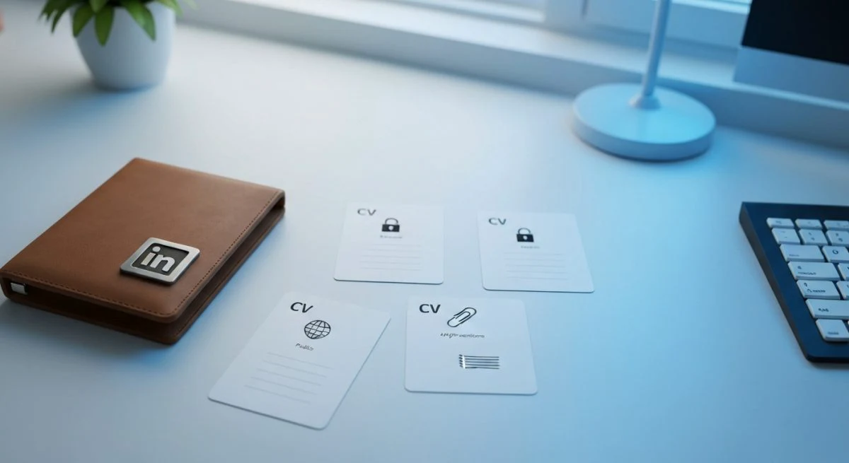 Mesa de oficina minimalista con cuatro tarjetas CV y LinkedIn