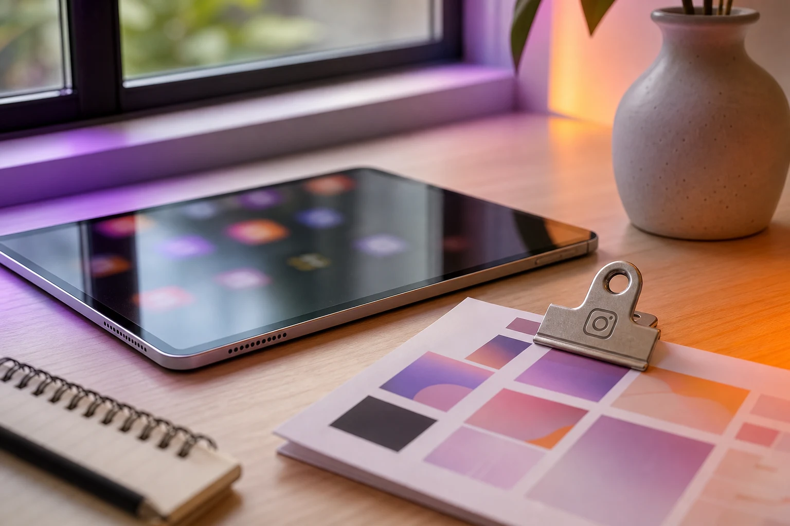 Mesa de trabajo minimalista con tableta plateada y logotipo Instagram