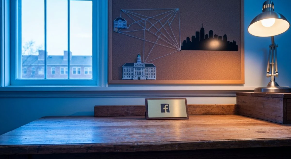 Mesa Harvard con placa de bronce y logo de Facebook