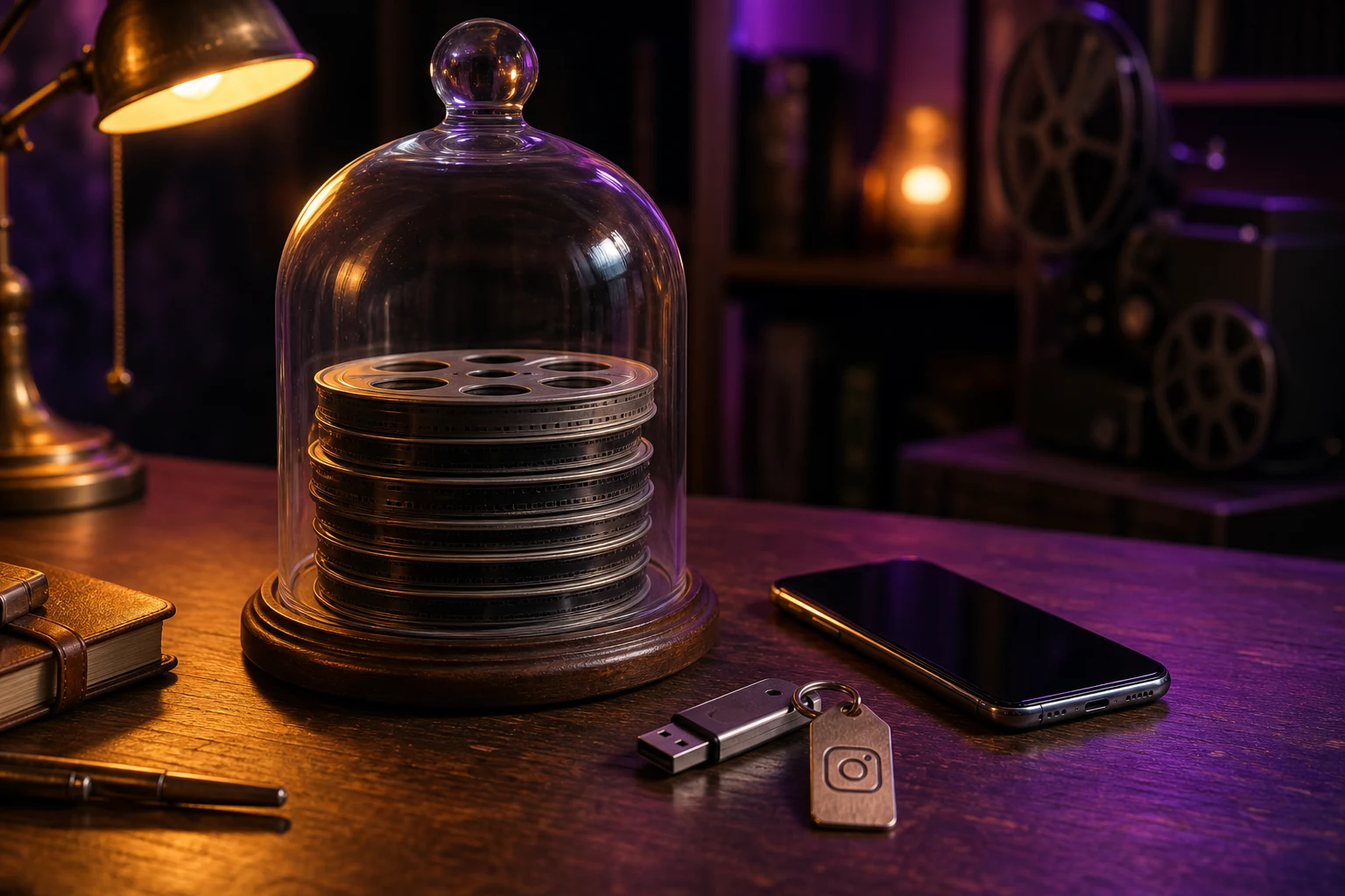 Mesa vintage con cloche vidrio protege reels USB con Instagram
