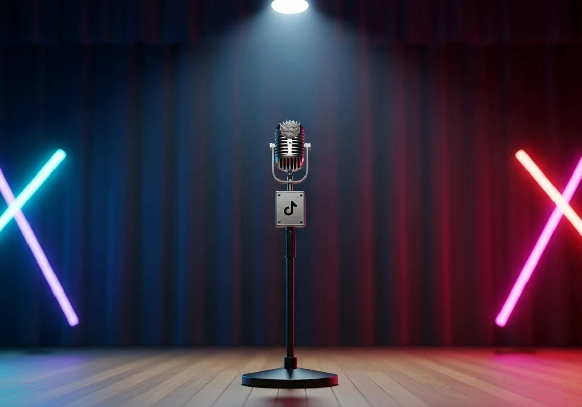 Micrófono vintage iluminado en escenario con telón oscuro
