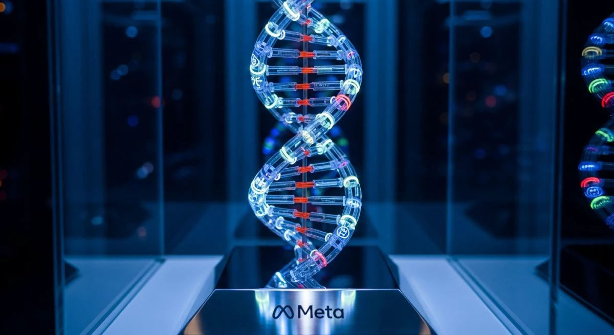 Modelo de ADN iluminado en vitrina con logo de Meta
