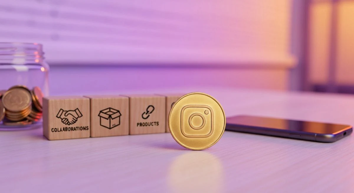 Moneda circular de latón con logo de Instagram sobre escritorio