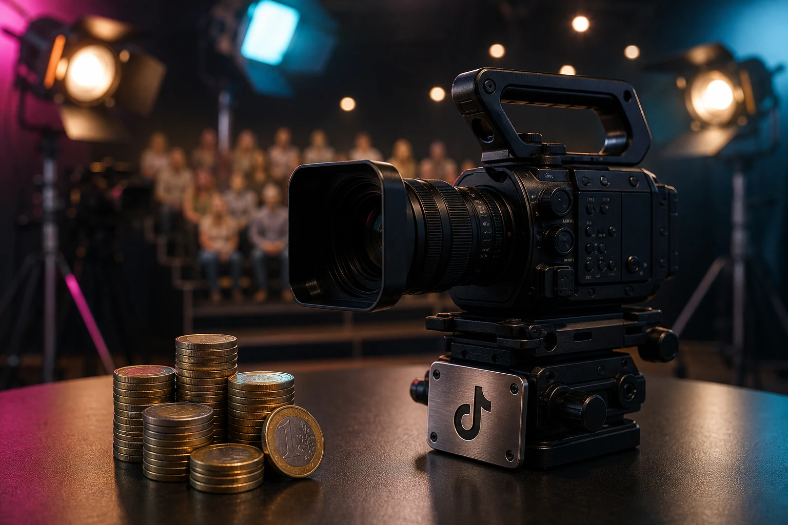 Monedas de euro junto a cámara profesional con logo metálico de TikTok