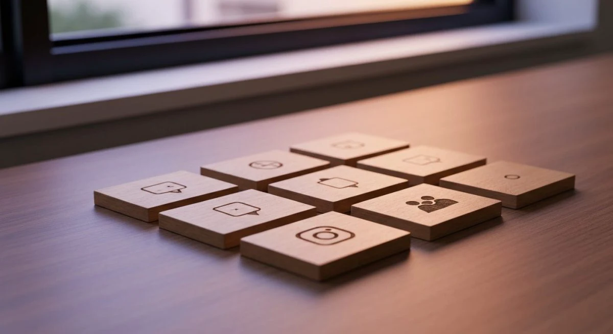 Mosaico 3x3 de tablillas de madera con iconos Instagram Stories