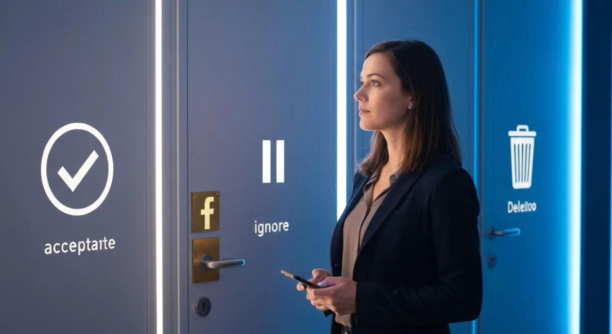 Mujer con smartphone frente a tres puertas con logo Facebook